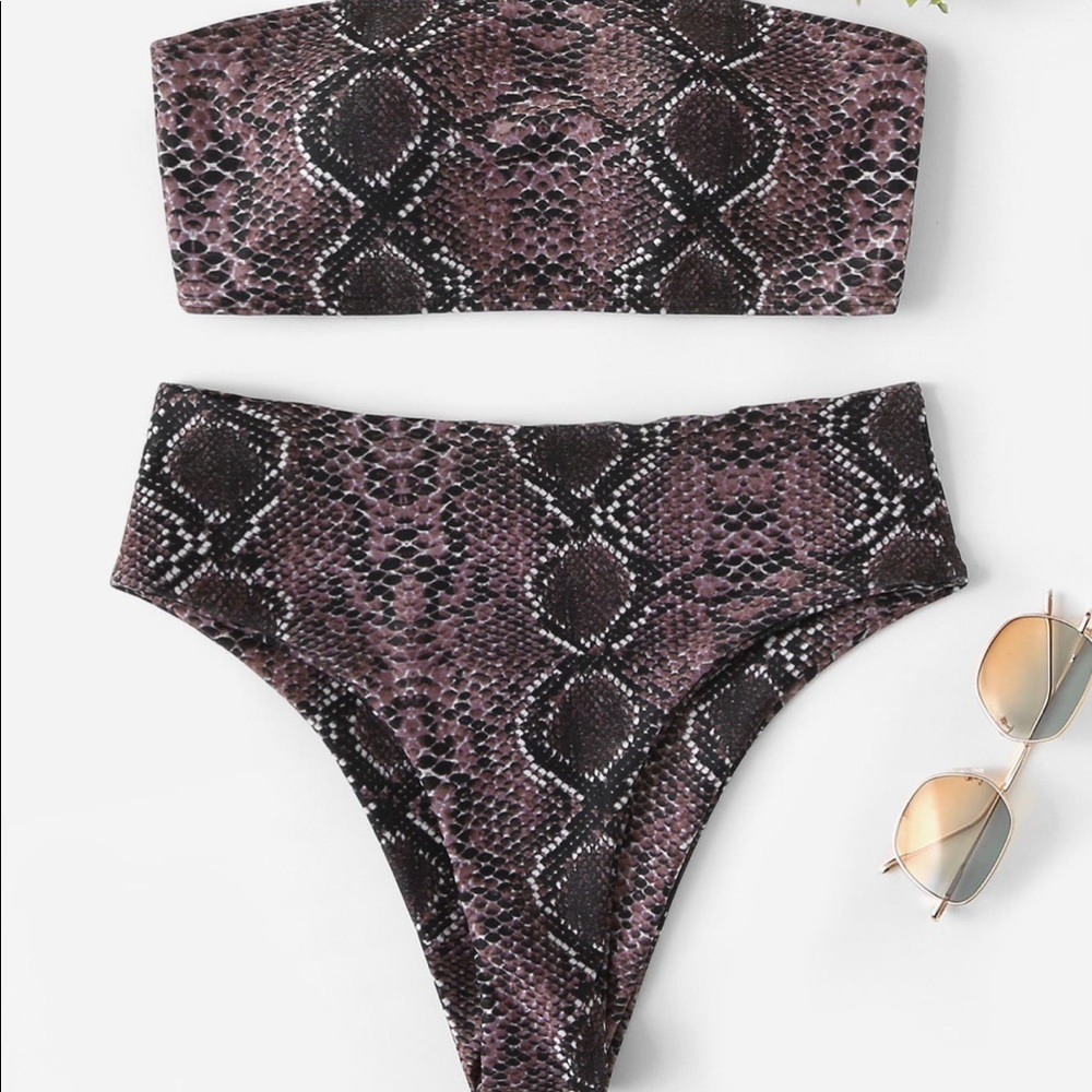 Snakeskin bandeau high-waist swimsuit